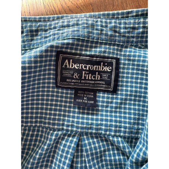 Abercrombie & Fitch Mens Shirt M Green Blue Gingham Button-Down Flaws - Picture 3 of 9